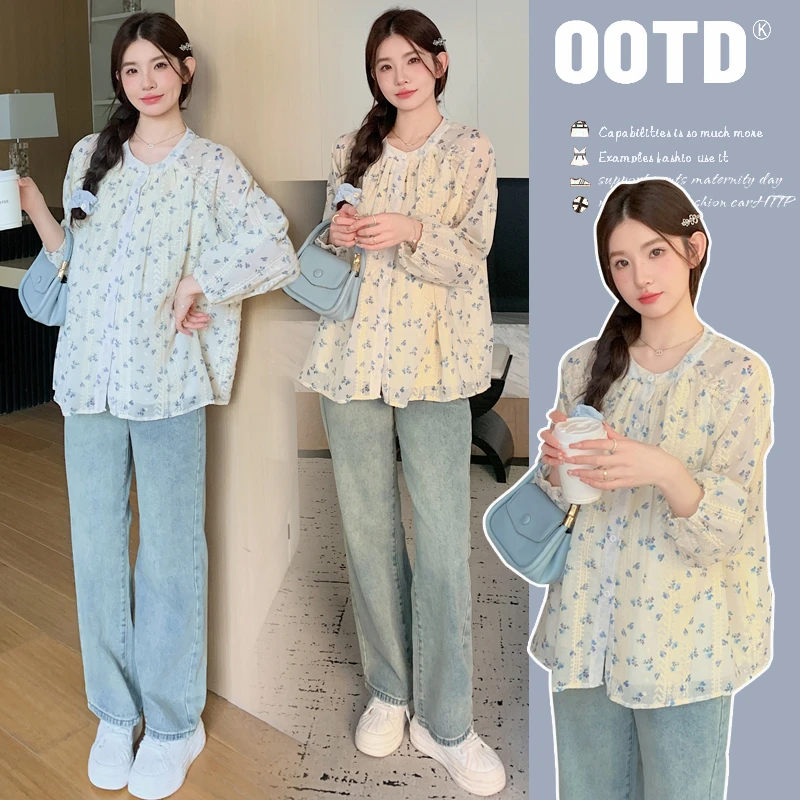 2025新款春季孕妇装韩版气质显瘦提花褶皱甜美碎花洋气娃娃衫上衣