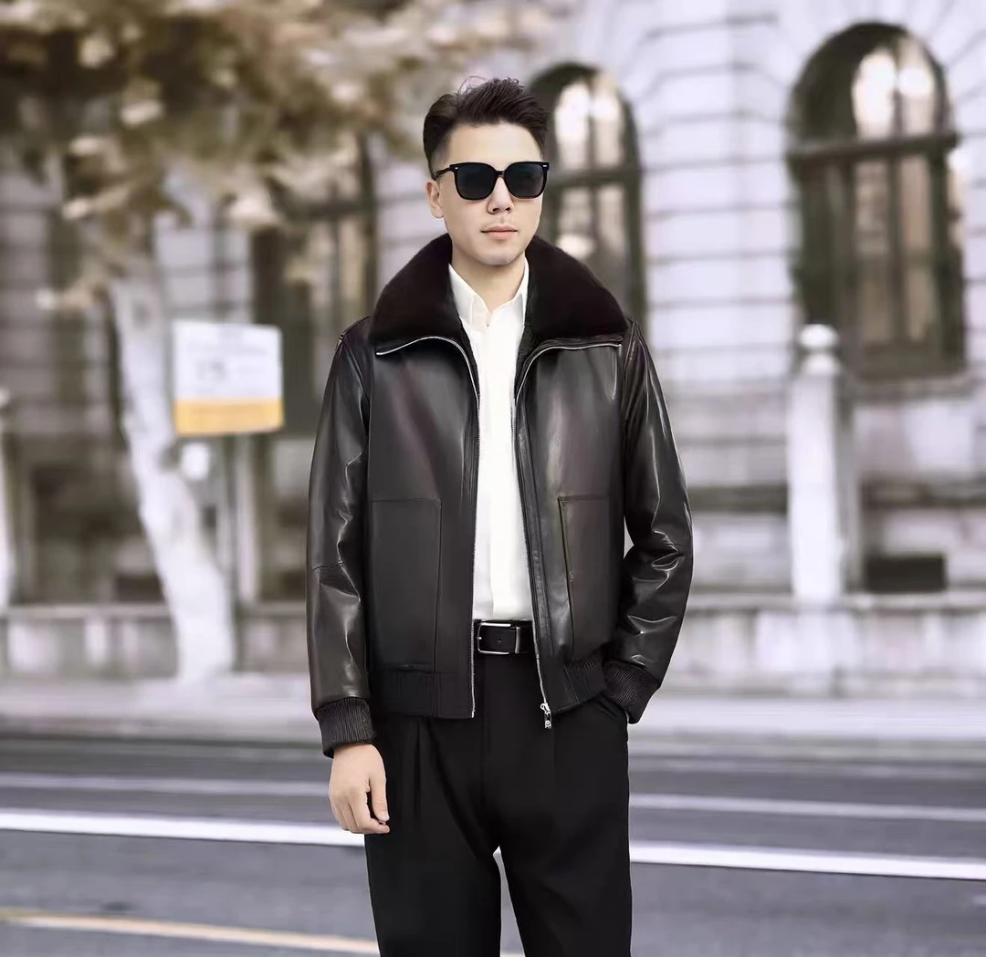 shouwang/兽王翻领水貂内胆短款标准冬季皮衣休闲时尚真皮男款