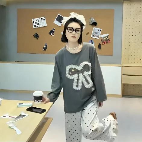 女款秋冬薄款印花睡衣套装条纹家居服套装纯棉时尚休闲加肥加大