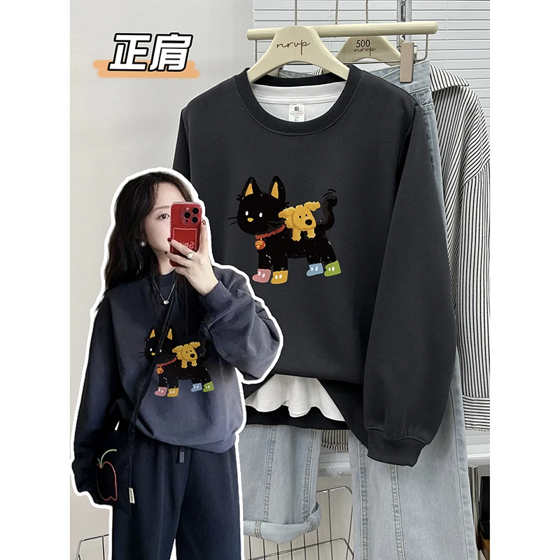 正肩2025年秋冬韩系松弛感大码显瘦宽松卫衣长袖女装圆领无帽上衣