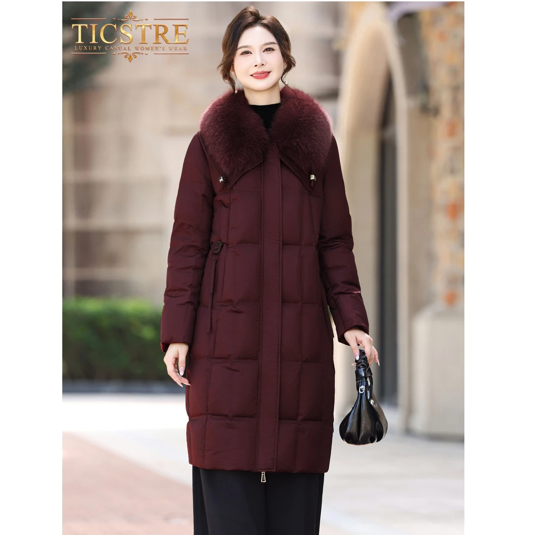 TICSTRE狐狸毛领鹅绒服女长款2025冬新款高端羽绒服保暖皮草外套