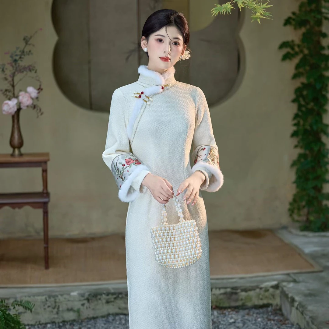 三小姐（白月光）长116+冬季加绒白色极简白搭大气小个子改良旗袍