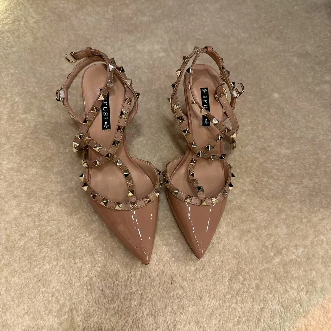 【春夏新款】IFUSI富家千金小钉钉真皮大底尖头凉鞋高跟鞋666k-2