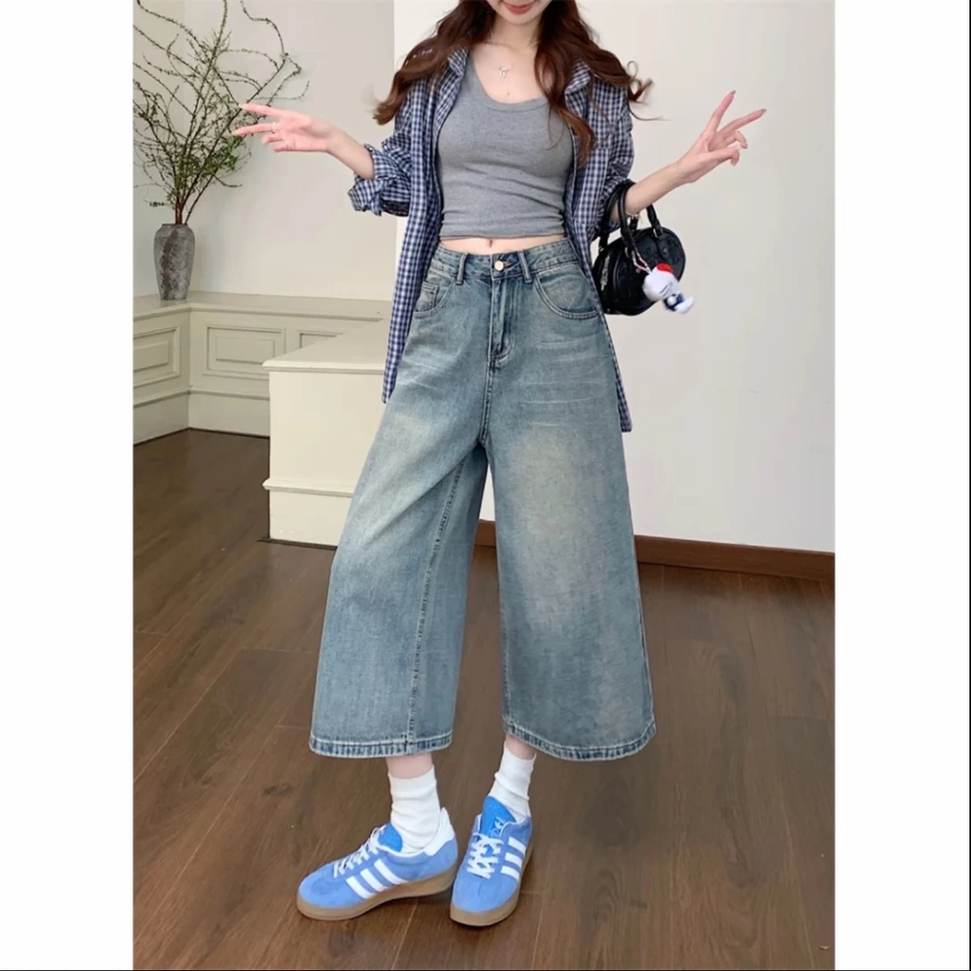 大码美式复古水洗八分牛仔裤女2025夏季新款高腰直筒阔腿裤