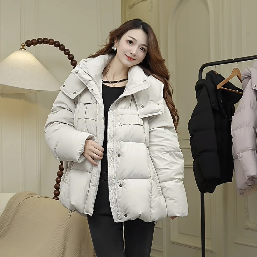 口袋字母边百搭韩版羽绒服女冬季外套连帽加厚休闲短款保暖
