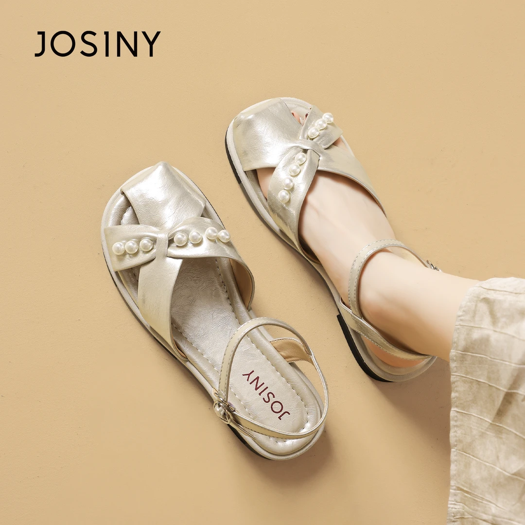 卓诗尼2025夏季2.5CM风女包头修面皮编织罗马凉鞋平底卓诗尼女鞋