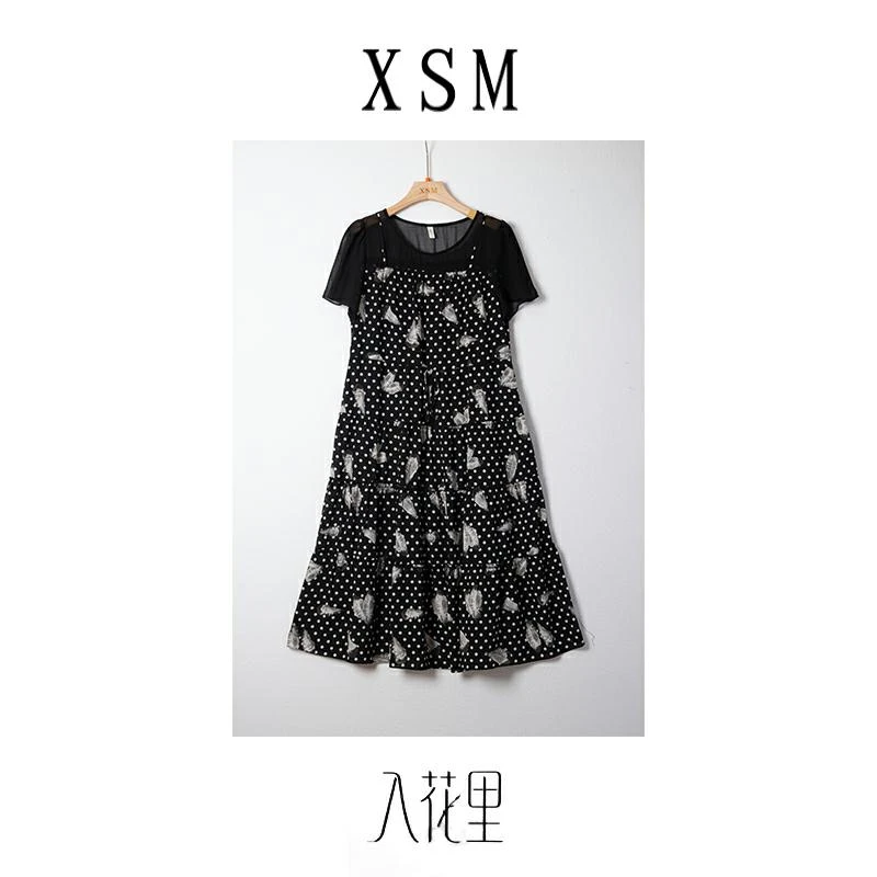 显瘦百搭假两件黑花连衣裙32322/XSM