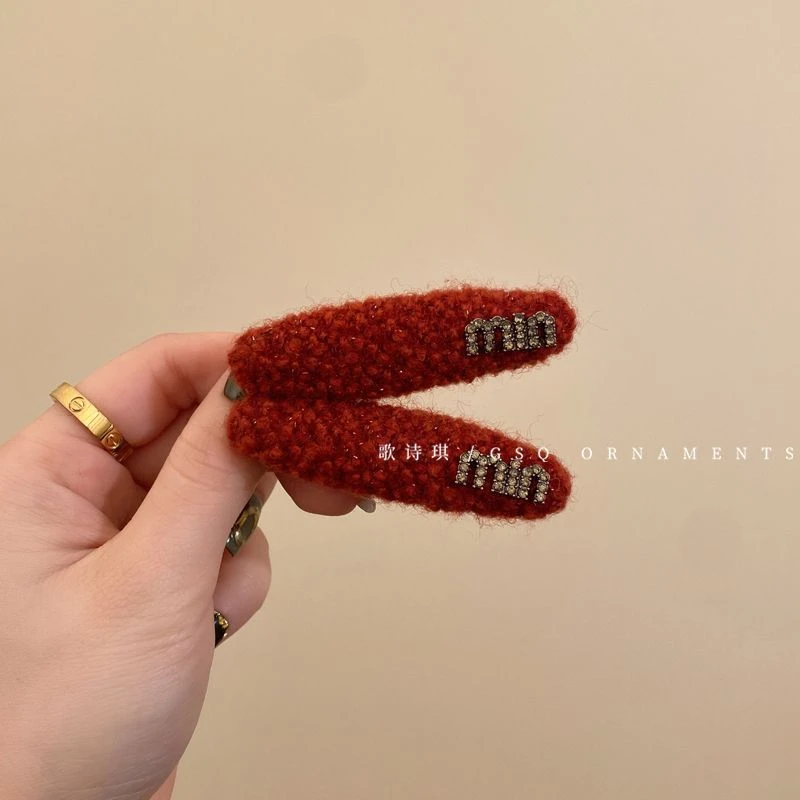 红色秋冬粗花呢发夹女前额碎发刘海夹2024新款高端侧边水钻鸭嘴夹