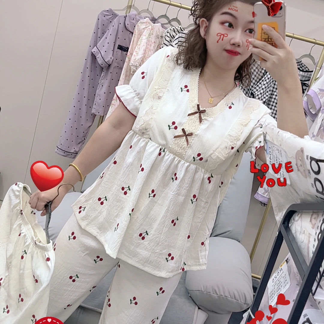 【R562】夏款套头殷桃短袖短裤+长裤三件套+胸垫【套头款】