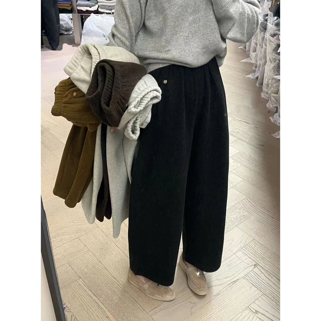 【LEILEI】秋冬季必入微弹纯色中腰厚款阔腿棉裤加厚宽松卫裤直筒