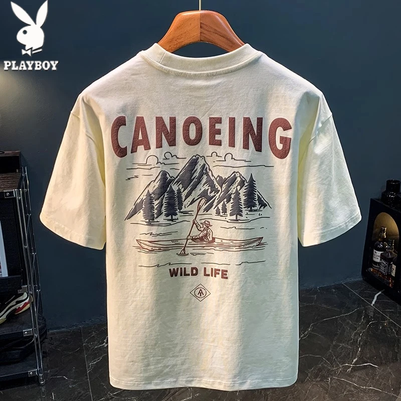 花花公子男士夏季新款潮流印花短袖t恤舒适复古吸汗透气上衣薄款
