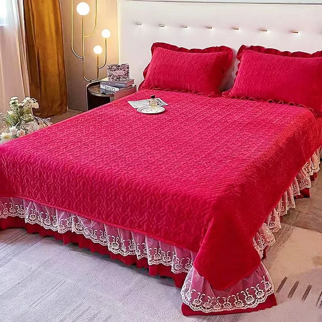 牛奶绒床盖新款纯色公主风冬季水晶绒保暖加厚床单通用简约高档