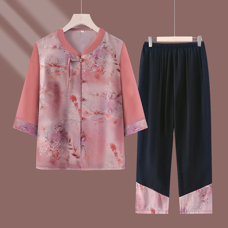 奶奶装夏季中袖套装中老年人女装衬衫两件套老年人夏装女衣服裤子