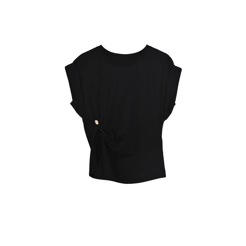 【达人甄选】夏季T恤女套头修身显瘦褶皱设计感上衣25T1982