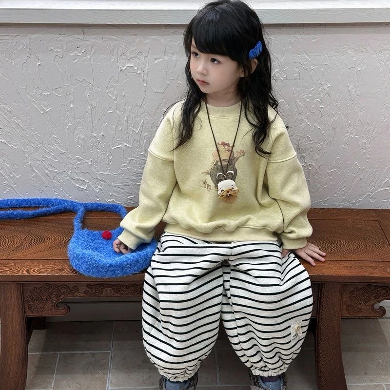 1号女童加绒卫衣套装童装秋冬儿童卡通上衣条纹套装冬装亲子装