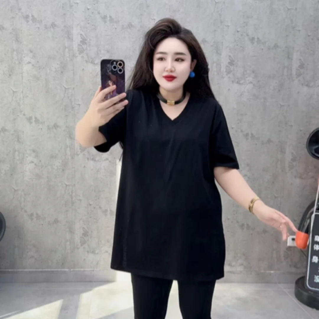 欧货V领净版T恤中长款休闲简约显瘦气质