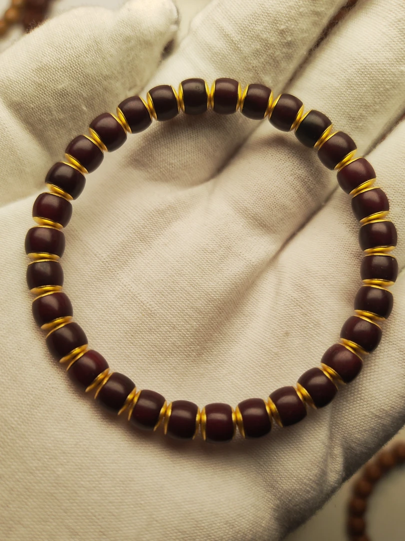 铜合金木质手链 葡萄紫手工镶嵌菩提根单圈与朱砂供文玩手串