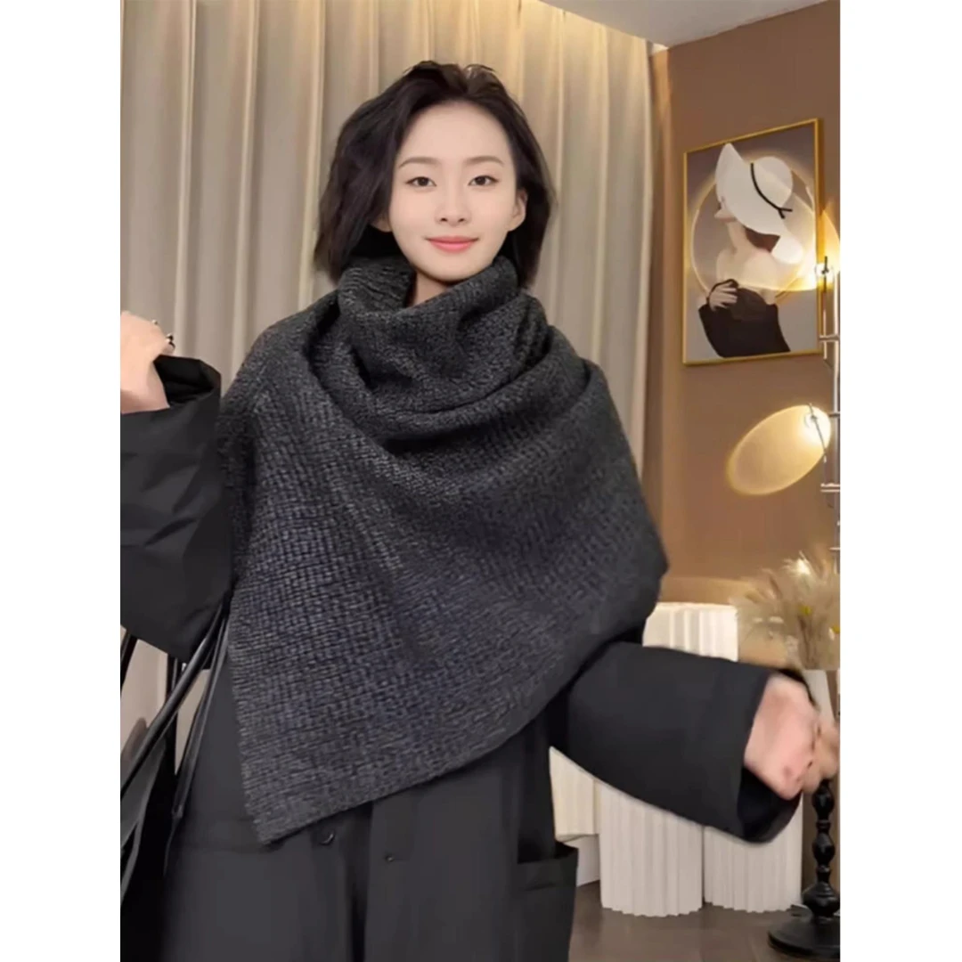 高级感深灰色高领针织围巾围脖女法式冬季叠穿开叉套头披肩斗篷厚