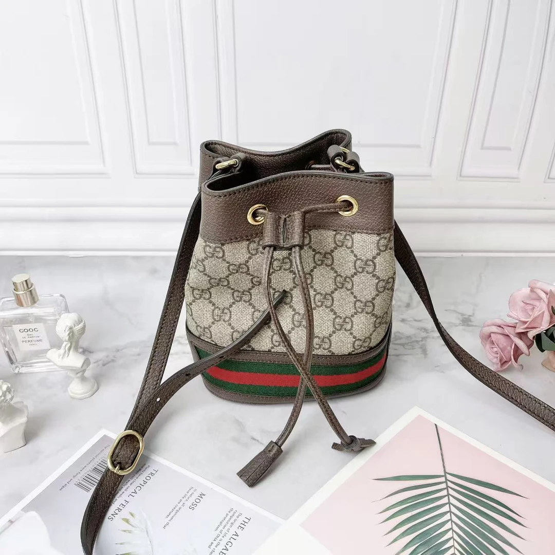 95新 GUCCI/古驰 Ophidia系列乌木色迷你老花小水桶包斜挎包