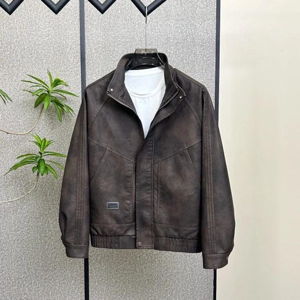 2025新款防风秋冬季立领免烫修身型皮衣休闲短款潮流加绒夹克外套