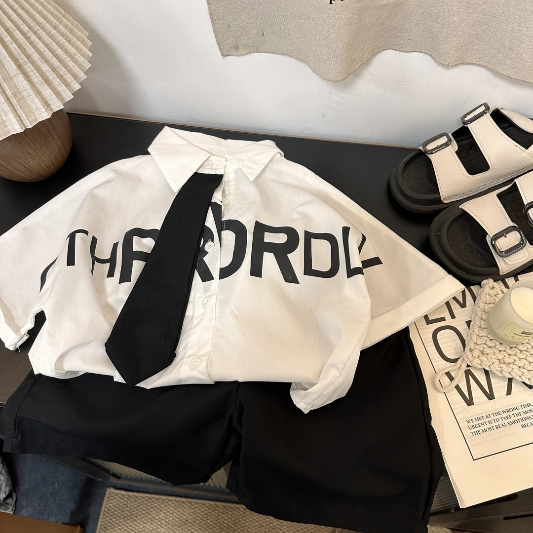 2834夏款潮流休闲时尚洋气个性学院风男女童短袖衬衫套装