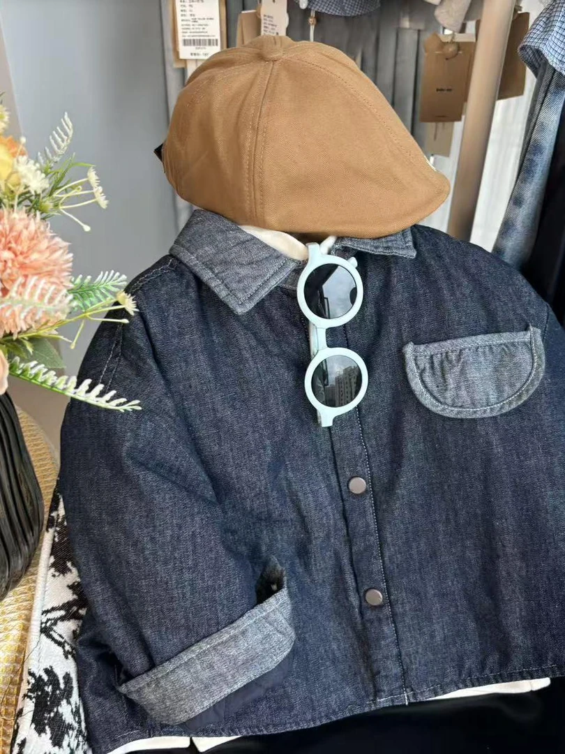 男童夹棉牛仔外套保暖翻领夹克开衫薄棉服上衣
