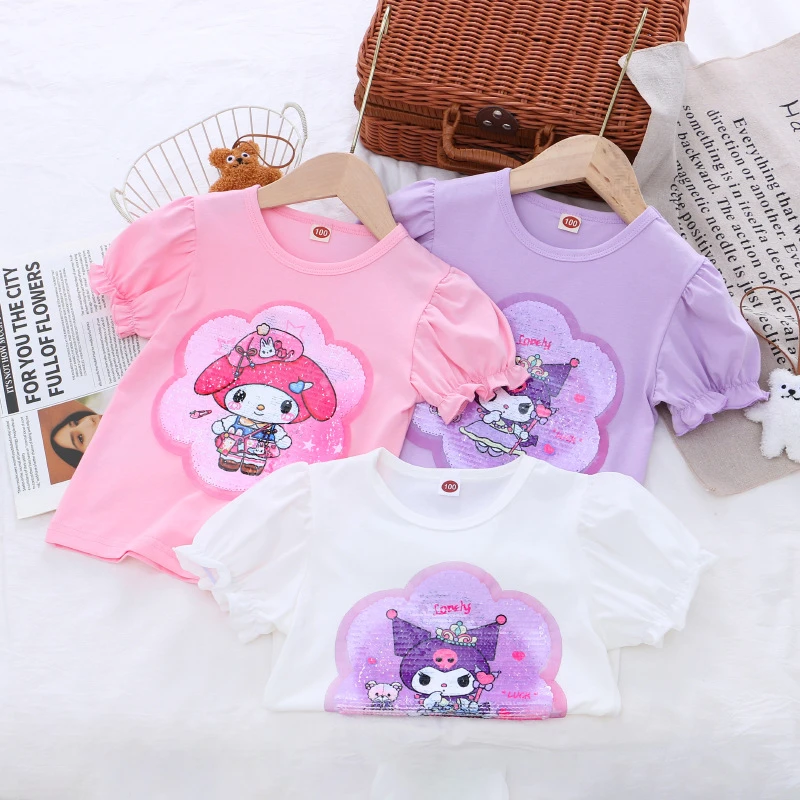 女童夏季时尚新款短袖t恤宝宝可爱泡泡袖儿童棉质半袖上衣