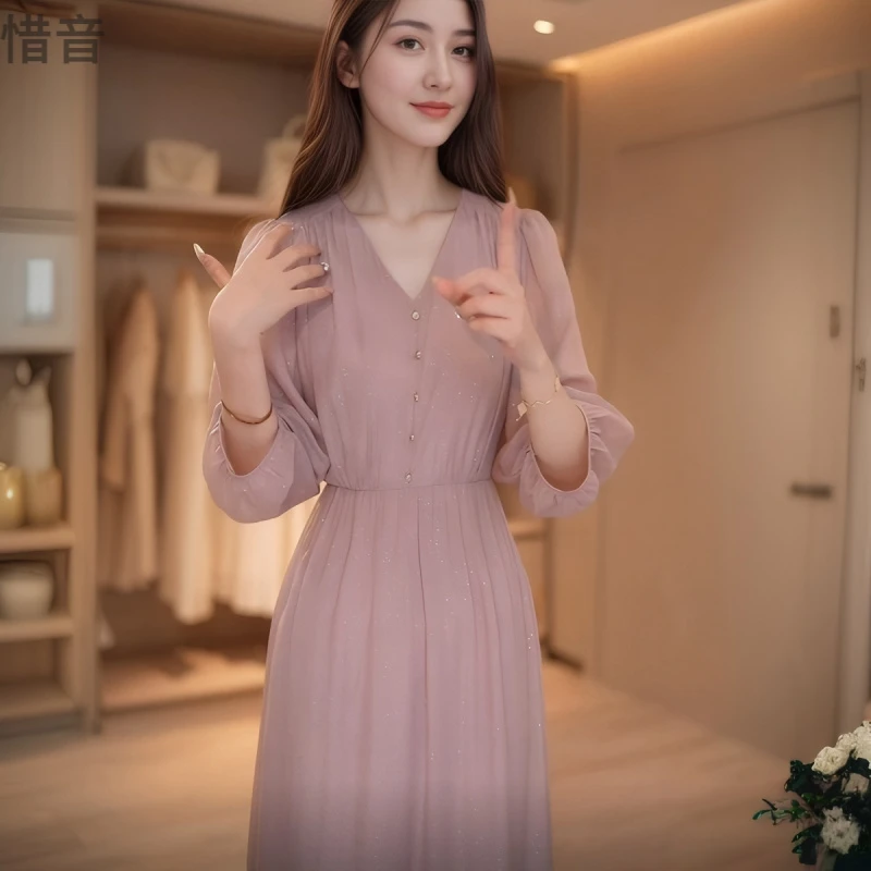 一眼万年 星河柔紫2025年夏季新款气质显瘦V领烫金连衣裙女中长款