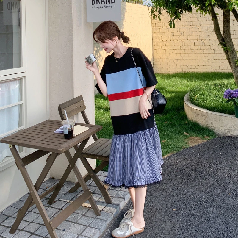 松弛感撞色格子拼接连衣裙2025夏季新款超显瘦慵懒韩系ins风裙子