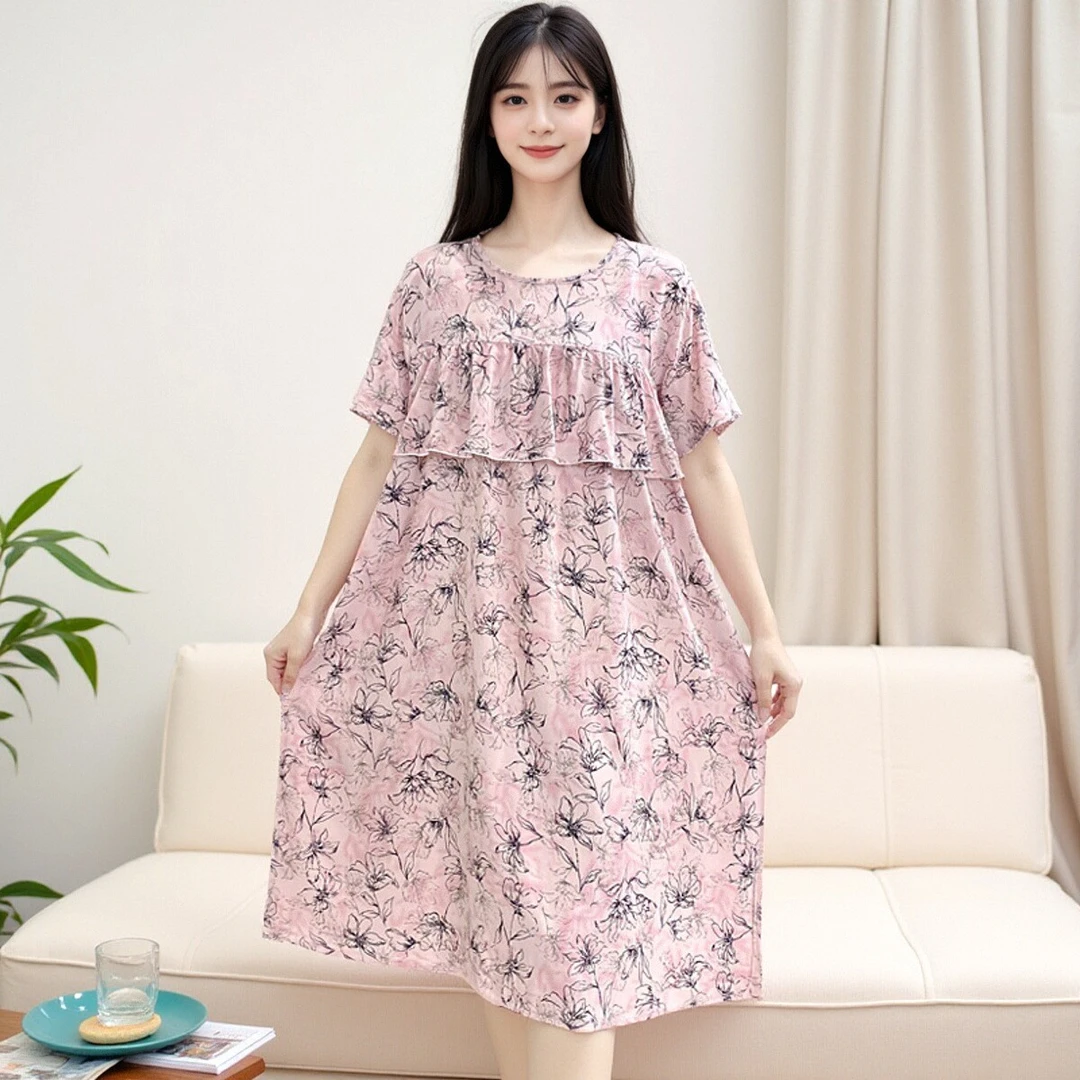 夏季短袖睡裙女大码印花防凸点棉绸中长款家居连衣裙可外穿Y111