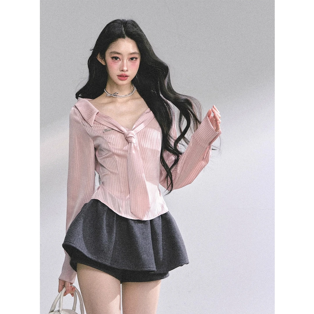 少也眼粉蔻学院%高级感法式polo领条纹衬衫女秋收腰显瘦甜美上衣