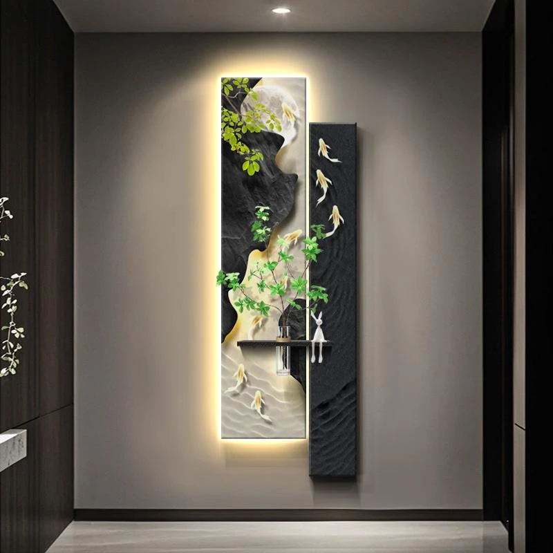 现代轻奢玄关装饰画高级感走廊过道挂画九鱼图入户正对门玄关壁画