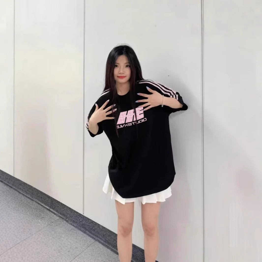 短袖女t恤女装2025新款夏潮美式条纹宽松中长圆领纯棉百搭上衣女