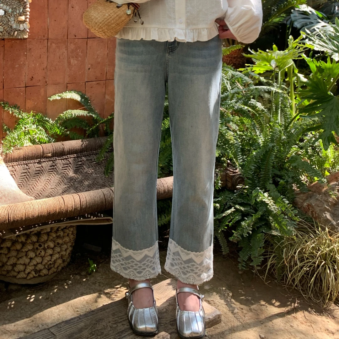 七七/【春日焦点】新款直筒九分薄款蕾丝拼接牛仔裤XNS6230