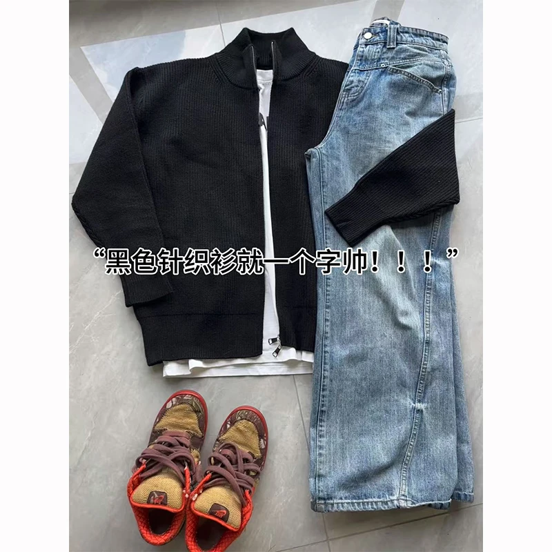 cleanfit灰色拉链毛线衣男春秋半高领针织开衫慵懒高级感正肩外套