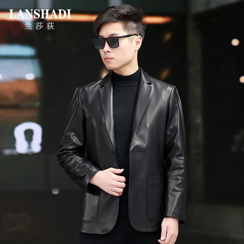 春季新款头层半植糅超细纹山羊皮真皮衣高档皮西装领夹克外套2581