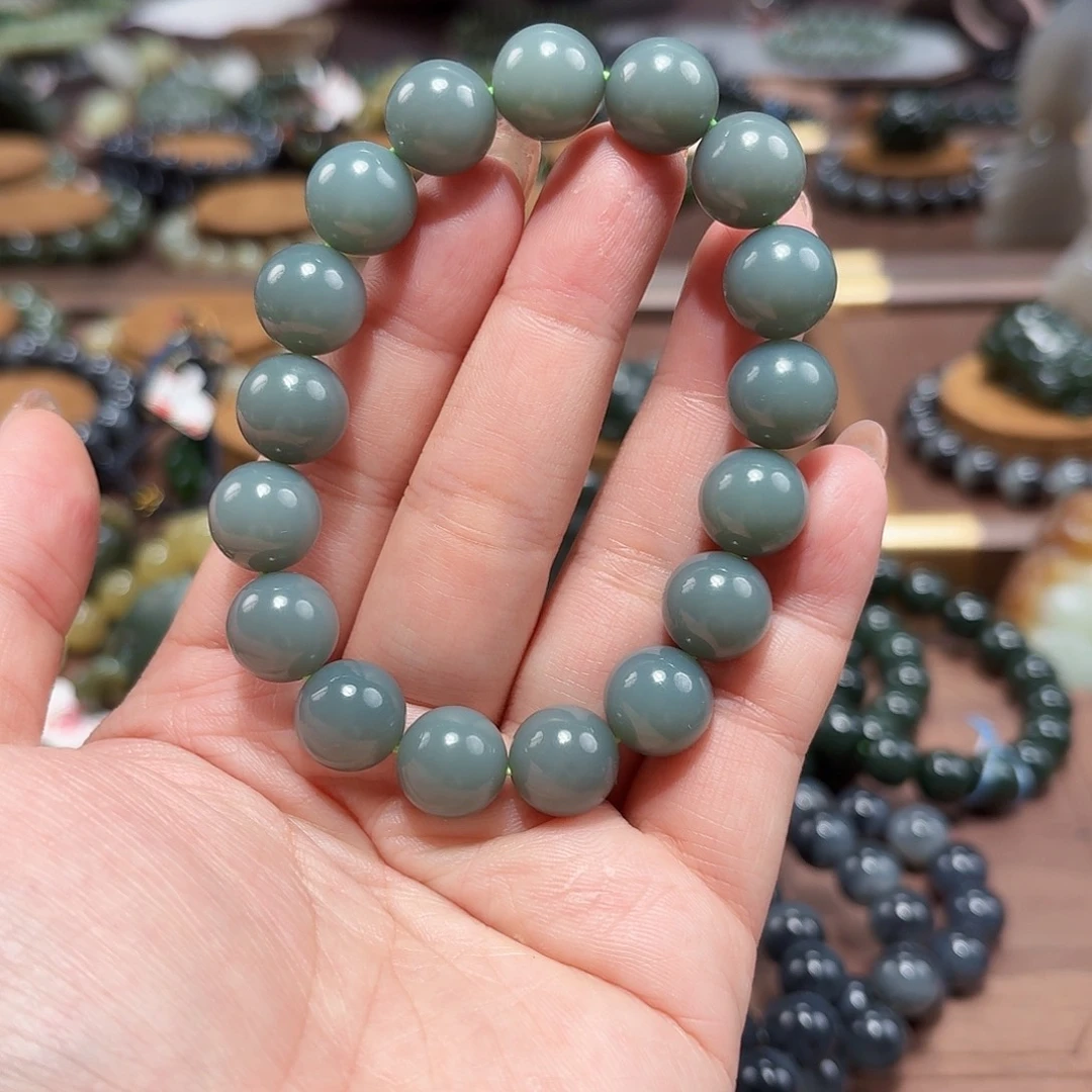 和田玉（碧玉）未镶嵌手链俄12 特细 瓷蓝