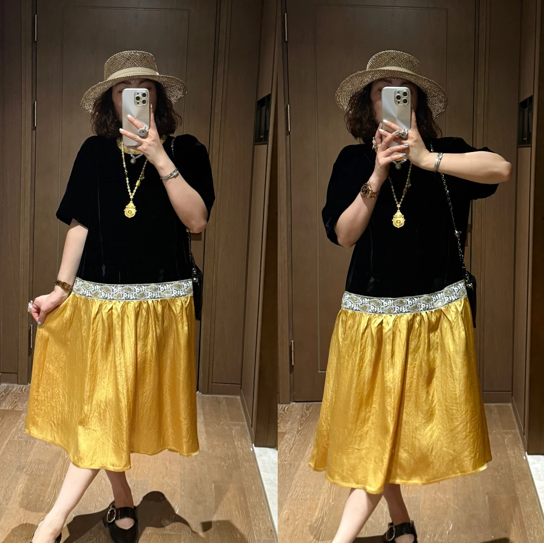 YDFSTUDIO小众【温莎古堡】高品重工丝绒撞色拼接设计时尚连衣裙