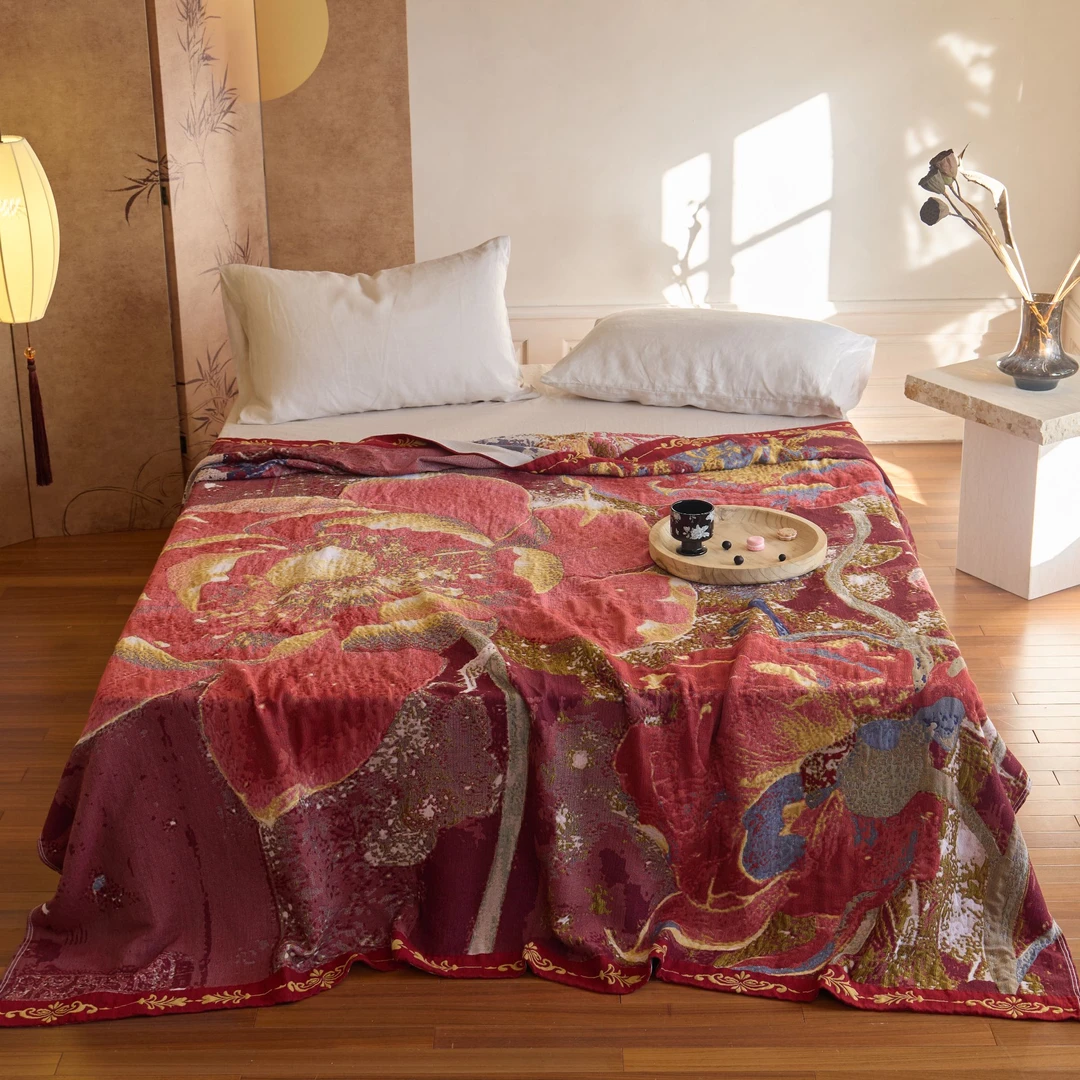 【国宾礼 高定款 】非遗文化提花汉锦毯床盖200cm*230cm-鎏金盛花