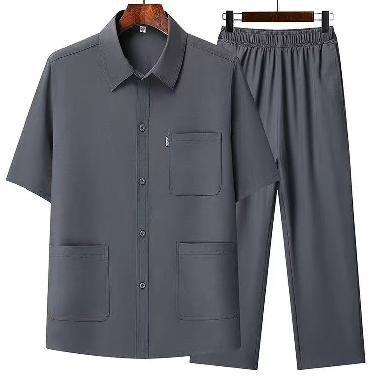 爸爸夏装两件套冰麻丝中老年男士短袖衬衫薄款休闲宽松型套装08款