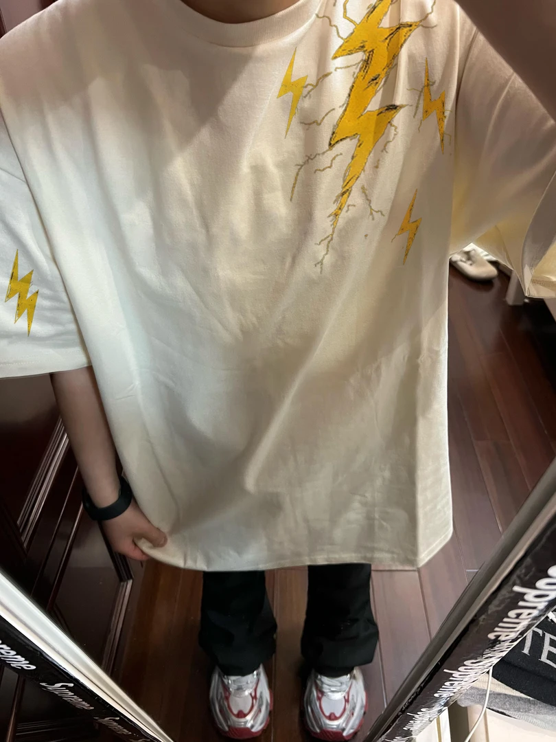 美式高街潮牌闪电印花短袖男女夏季宽松重磅纯棉vintage半袖上衣