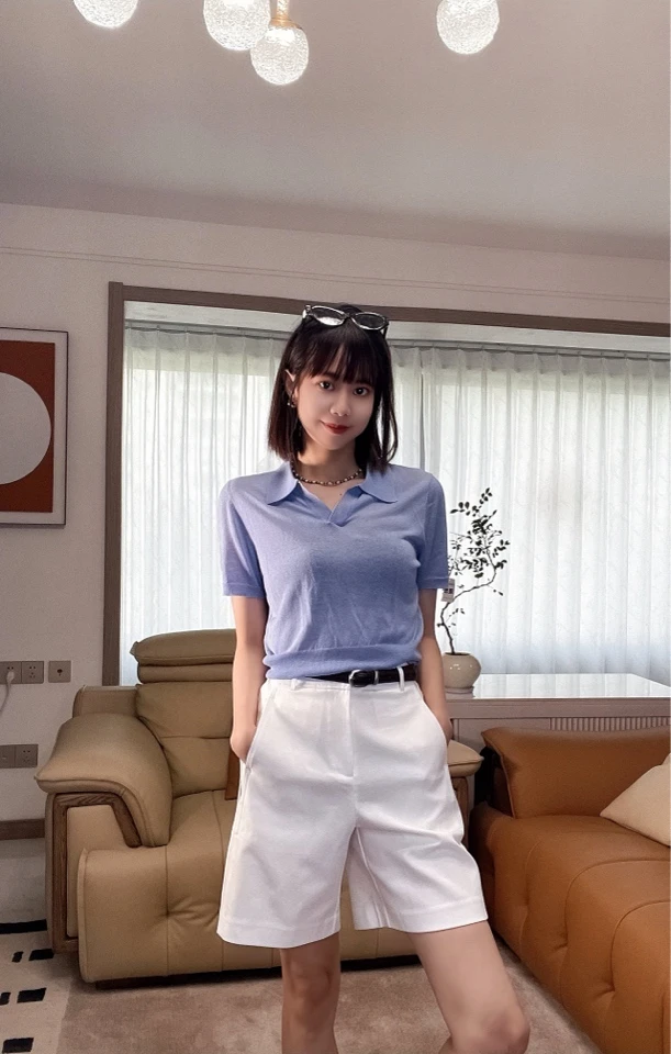 老钱风莱赛尔亚麻polo领韩版针织衫半袖上衣