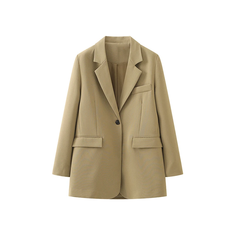 气质通勤柔飒翻领长袖西装外套女后背叠片纯色西服上衣春