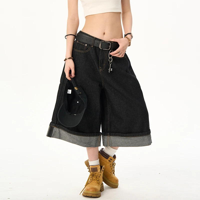 CDDR美式复古原牛做旧水洗宽松直筒翻边七分牛仔裤高街阔腿短裤子