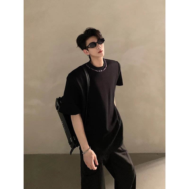 LINYILUCK/高级感小众设计钉珠短袖T恤半袖上衣