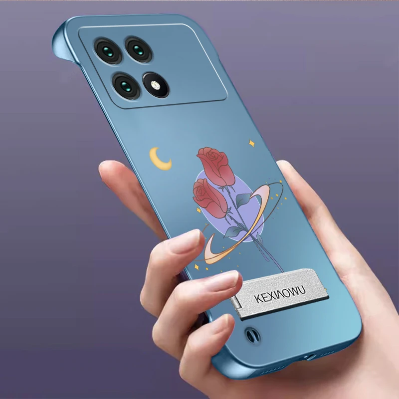 适用红米K70手机壳无边框超薄半包玫瑰时尚支架金属漆手机外壳