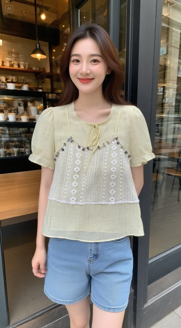 妮妮家6752夏季新款镂空亮片波西米亚风假两件上衣