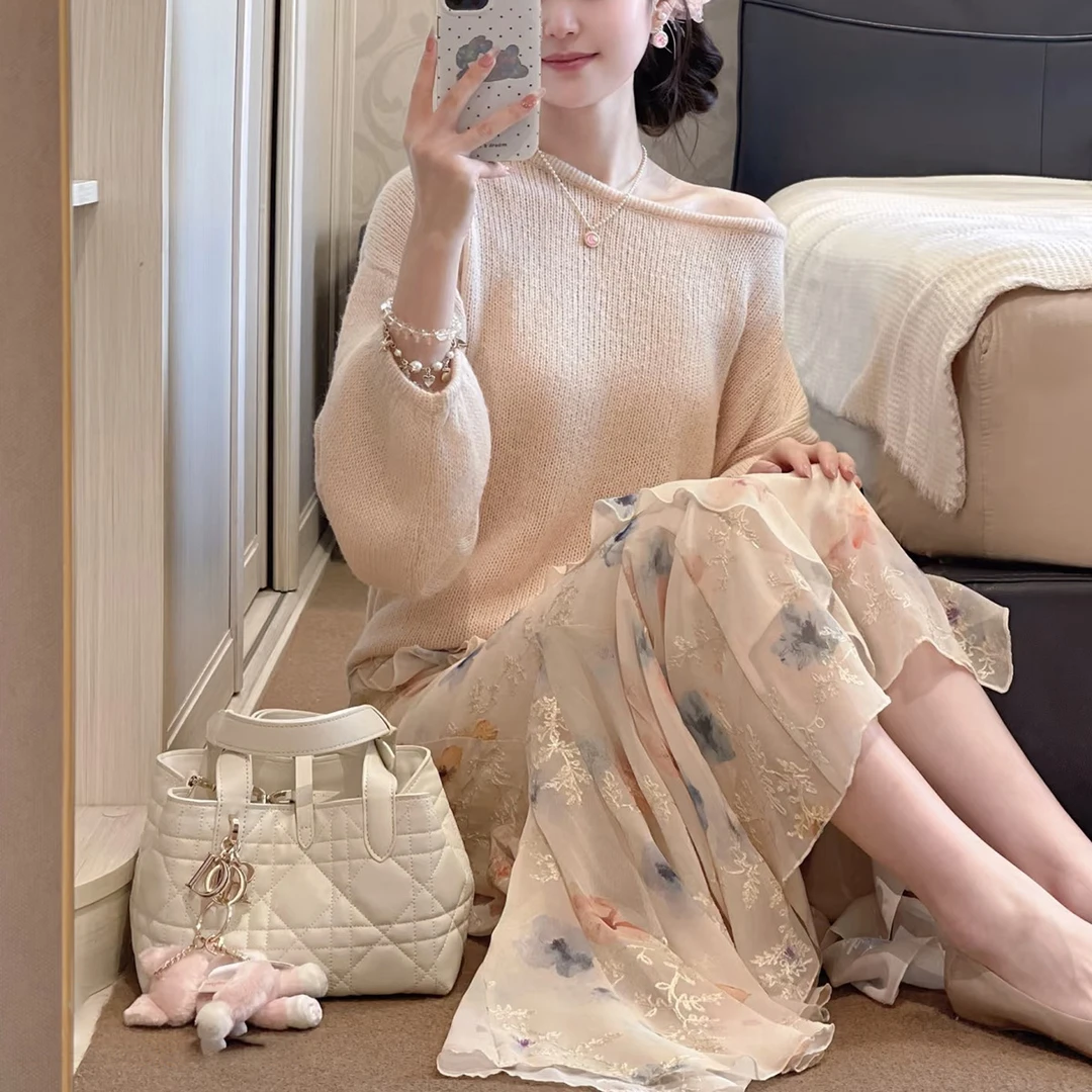 调和新款韩系慵懒复古毛衣上衣宽松针织秋冬长袖印中长款花半身裙