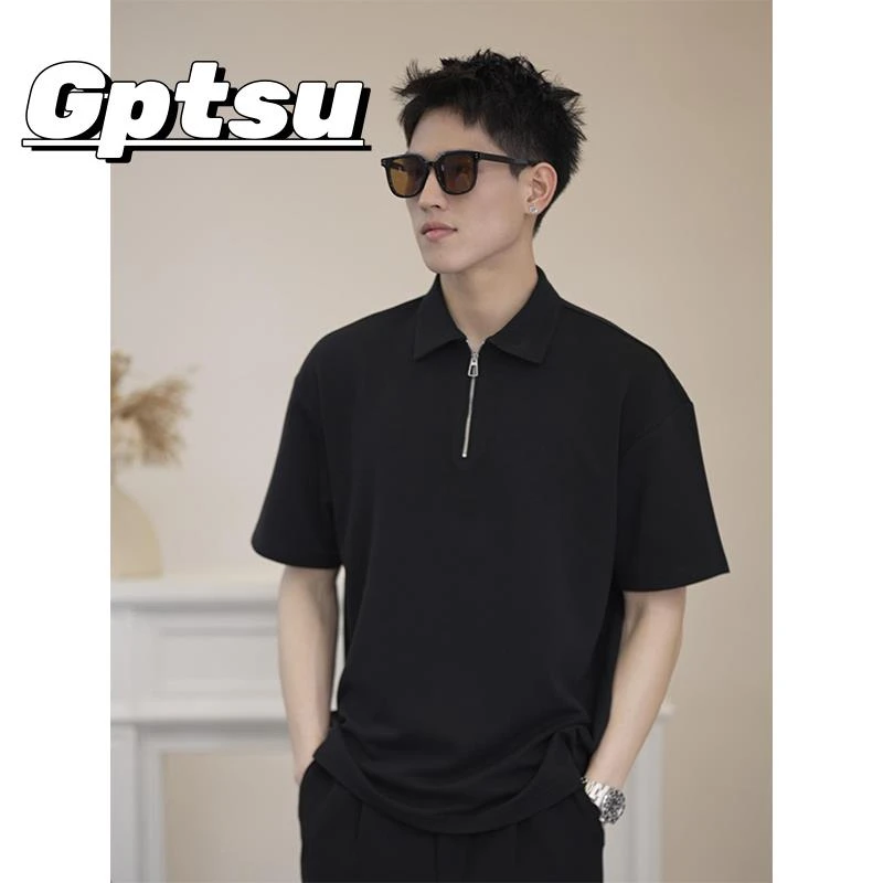 GPTSu半拉链设计感潮流韩版翻领POLO衫短袖男夏季痞帅高级黑色t恤