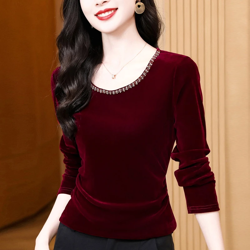 圆领钉珠丝绒长袖t恤女2025秋冬季新款洋气爆款内搭打底衫女L2833